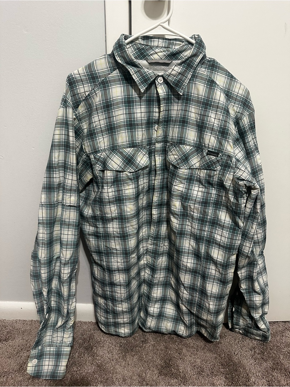 Columbia Plaid Button-Down Shirt in Teal, Gray & White